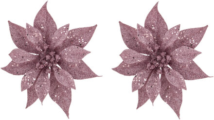 2x stuks decoratie bloemen kerstster roze glitter op clip 18 cm - Kunstbloemen