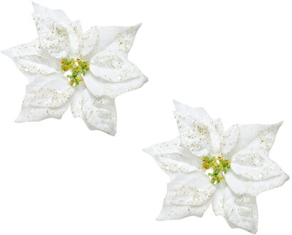 2x stuks decoratie bloemen kerstster wit glitter op clip 20 cm - Kunstbloemen