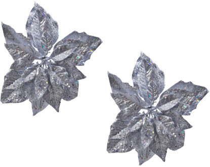 2x stuks decoratie bloemen kerstster zilver glitter op clip 23 cm - Kunstbloemen Zilverkleurig