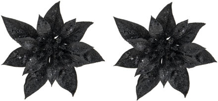 2x stuks decoratie bloemen kerstster zwart glitter op clip 15 cm - Kunstbloemen