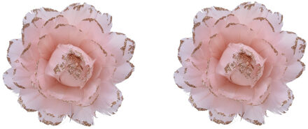 2x stuks decoratie bloemen lichtroze met veertjes op clip 11 cm