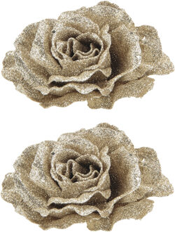 2x stuks decoratie bloemen roos champagne glitter op clip 10 cm - Kunstbloemen Champagnekleurig