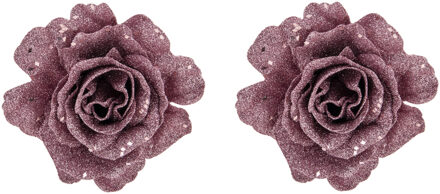 2x stuks decoratie bloemen roos roze glitter op clip 10 cm - Kunstbloemen