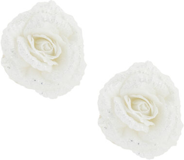 2x stuks decoratie bloemen roos wit glitter op clip 18 cm - Kunstbloemen