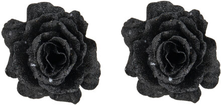 2x stuks decoratie bloemen roos zwart glitter op clip 10 cm - Kunstbloemen