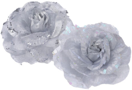 2x stuks decoratie bloemen rozen zilver op clip 9 cm