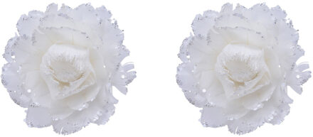 2x stuks decoratie bloemen wit met veertjes op clip 11 cm - Kunstbloemen