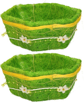 2x stuks decoratie gras mandje groen zeshoek 18 cm - Paasdecoratie - Paasmandje - Pasen - Paaseieren mandje
