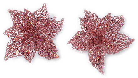 2x stuks decoratie kerststerren bloemen roze glitter op clip 18 cm - Kersthangers