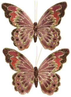 2x stuks decoratie vlinders op clip glitter bruin 18 cm - Kersthangers