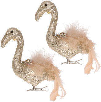 2x stuks decoratie vogels op clip flamingo goud 13 cm - Kersthangers Goudkleurig