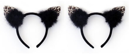 2x stuks diadeem met luipaard/katten oortjes - zwart- meisjes/dames - carnaval verkleed oren