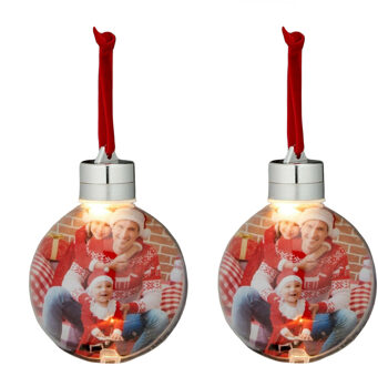 2x stuks DIY foto/fotolijst kunststof kerstballen transparant 8 cm met verlichting - Kerstbal