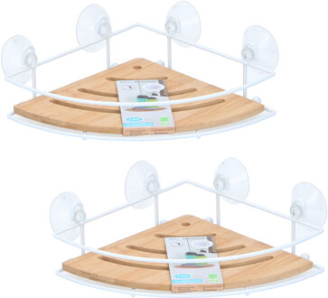 2x Stuks doucherekje/badkamerrekje hoek metaal/bamboe met zuignappen 27 cm - Douche- en badrekjes Wit