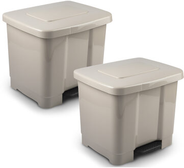 2x Stuks dubbele/2-vaks afvalemmer/vuilnisemmer taupe 35 liter met deksel en pedaal
