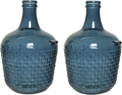 2x Stuks Fles Vaas/bloemenvaas Recycled Glas Blauw 20 X 30 Cm