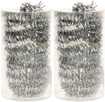 2x stuks folie tinsel slingers/guirlandes zilver 20 meter kerstslingers - Kerstslingers Zilverkleurig