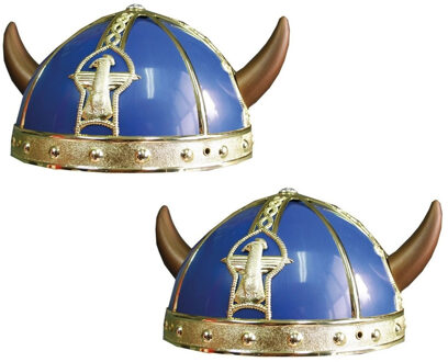 2x stuks gallier/Vikingen verkleed helm blauw met hoorns