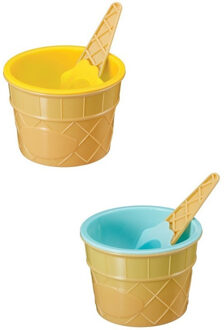 2x stuks Gekleurde ijsbekers geel/blauw inclusief lepel 7 cm
