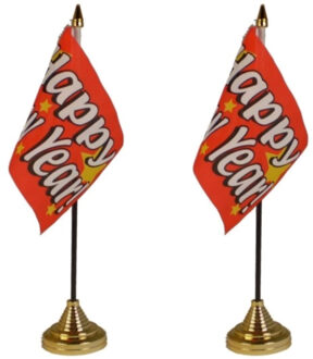 2x stuks gelukkig Nieuwjaar/Happy New Year tafelvlaggetjes 10 x 15 cm met standaard