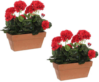 2x Stuks Geranium Balkon Kunstplanten Rood In Keramieken Pot L29 X B13 X H40 Cm - Kunstplanten