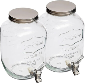 2x stuks - glazen drank dispenser 4 liter - met kunststof kraantje en schroefdeksel - Drankdispensers Transparant