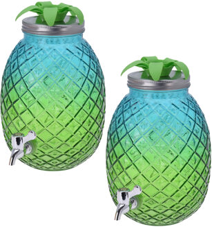 2x Stuks glazen drank dispenser ananas blauw/groen 4,7 liter - Drankdispensers Multikleur