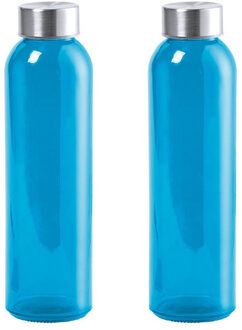 2x Stuks glazen waterfles/drinkfles blauw transparant met Rvs dop 550 ml - Drinkflessen