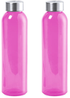 2x Stuks glazen waterfles/drinkfles fuchsia roze transparant met Rvs dop 550 ml - Drinkflessen