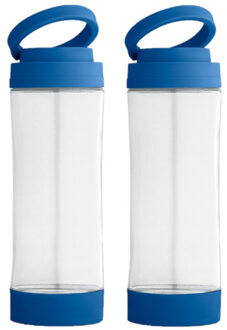 2x Stuks glazen waterfles/drinkfles met blauwe kunststof schroefdop en smartphone houder 390 ml - Drinkflessen Transparant