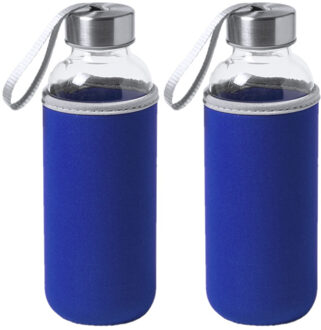 2x Stuks glazen waterfles/drinkfles met blauwe softshell bescherm hoes 420 ml - Drinkflessen Transparant