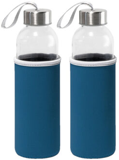 2x Stuks glazen waterfles/drinkfles met blauwe softshell bescherm hoes 520 ml - Drinkflessen Transparant