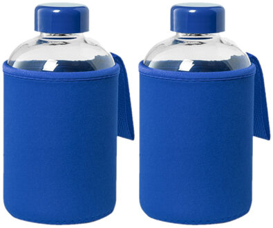 2x Stuks glazen waterfles/drinkfles met blauwe softshell bescherm hoes 600 ml - Drinkflessen Transparant