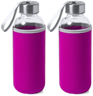 2x Stuks glazen waterfles/drinkfles met fuchsia roze softshell bescherm hoes 420 ml - Drinkflessen Transparant