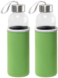 2x Stuks glazen waterfles/drinkfles met groene softshell bescherm hoes 520 ml - Drinkflessen Transparant