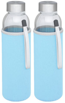 2x stuks glazen waterfles/drinkfles met lichtblauwe softshell bescherm hoes 500 ml - Drinkflessen Transparant