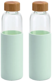 2x Stuks glazen waterfles/drinkfles met mint groene siliconen bescherm hoes 600 ml - Drinkflessen