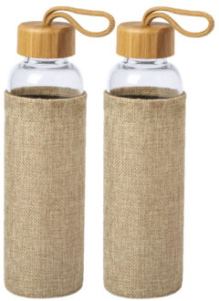 2x Stuks glazen waterfles/drinkfles met naturel bamboe houten bescherm hoes 550 ml - Drinkflessen Transparant