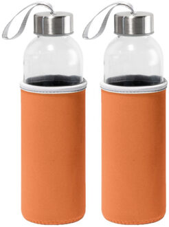 2x Stuks glazen waterfles/drinkfles met oranje softshell bescherm hoes 520 ml - Drinkflessen Transparant