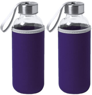 2x Stuks glazen waterfles/drinkfles met paarse softshell bescherm hoes 420 ml