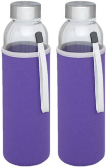 2x stuks glazen waterfles/drinkfles met paarse softshell bescherm hoes 500 ml - Drinkflessen Transparant