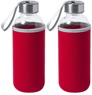 2x Stuks glazen waterfles/drinkfles met rode softshell bescherm hoes 420 ml - Drinkflessen Transparant