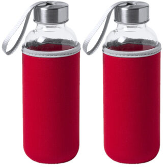 2x Stuks glazen waterfles/drinkfles met rode softshell bescherm hoes 420 ml