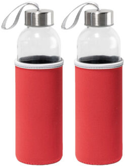 2x Stuks glazen waterfles/drinkfles met rode softshell bescherm hoes 520 ml - Drinkflessen Transparant