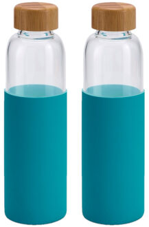 2x Stuks glazen waterfles/drinkfles met turquoise blauwe siliconen bescherm hoes 600 ml - Drinkflessen Transparant