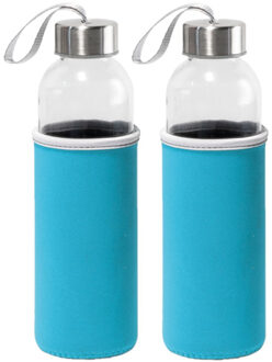 2x Stuks glazen waterfles/drinkfles met turquoise blauwe softshell bescherm hoes 520 ml - Drinkflessen Transparant