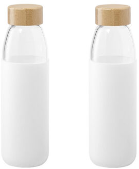 2x Stuks glazen waterfles/drinkfles met witte siliconen bescherm hoes 540 ml - Drinkflessen Transparant