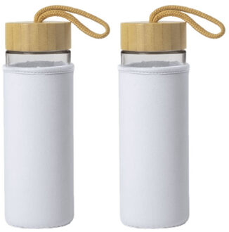 2x Stuks glazen waterfles/drinkfles met witte softshell bescherm hoes 530 ml - Drinkflessen Transparant