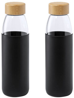 2x Stuks glazen waterfles/drinkfles met zwarte siliconen bescherm hoes 540 ml - Drinkflessen Transparant