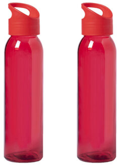 2x Stuks glazen waterfles/drinkfles rood transparant met schroefdop met handvat 470 ml - Drinkflessen